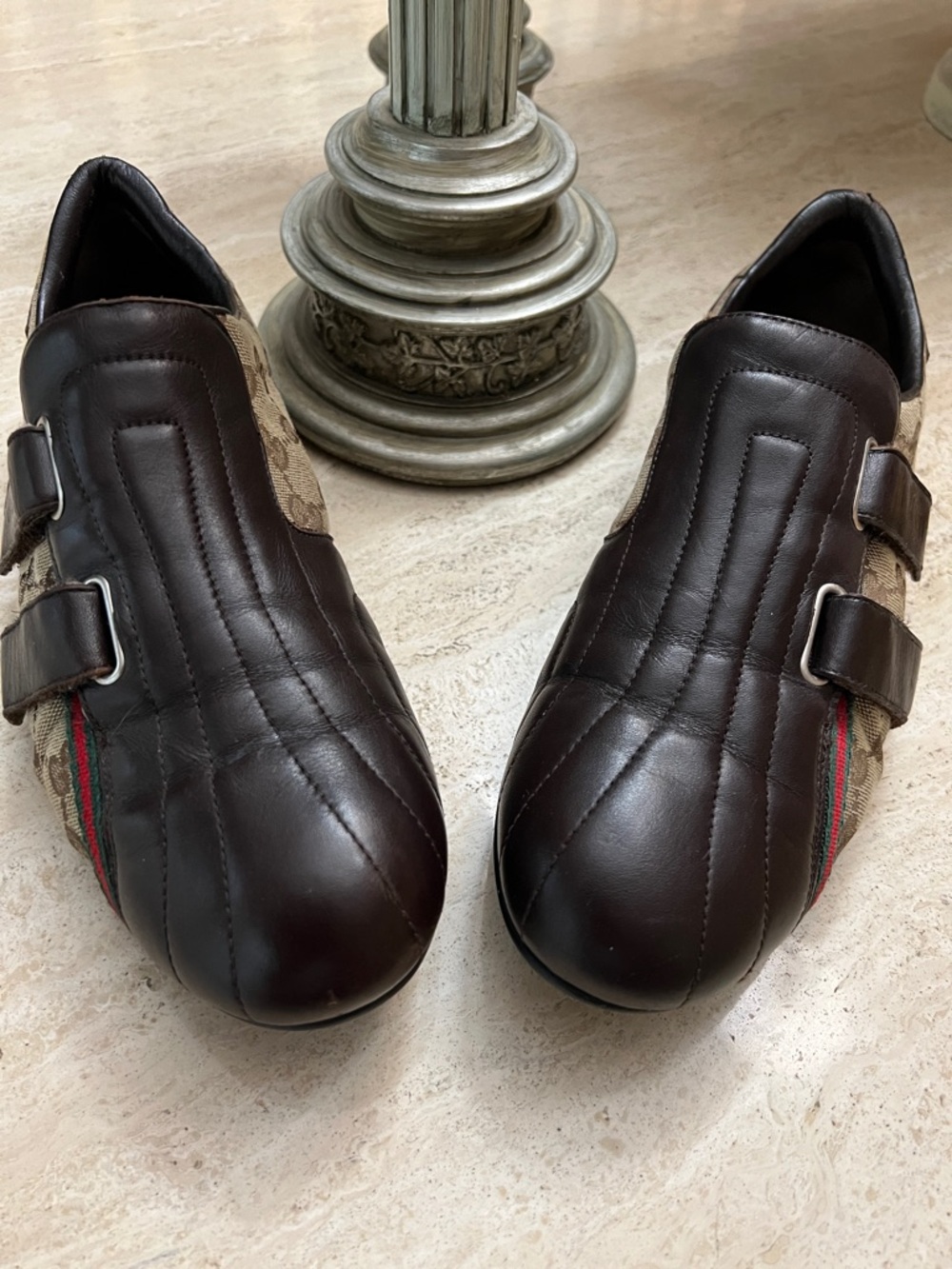 Gucci Brown Leather & GG Canvas Velcro Men’s Sneakers with Web Stripe - Picture 6 of 13